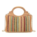 Sac à main bohème en paille tressée à rayures avec anses en bambou et bandoulière chaîne - Kaki