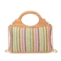 Sac à main en paille rayé coloré avec poignée en bambou et bandoulière chaîne dorée - Beige