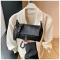 Classic black woven texture PU leather flap shoulder bag with metallic buckle detail - Black