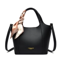 Retro black lychee grain tote bag with decorative silk scarf and detachable shoulder strap - Black