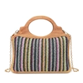 Sac en paille aux motifs ondulés colorés avec poignée intégrée en bambou naturel - Noir