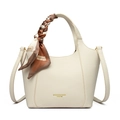 Cream white vintage tote bag in lychee pattern leather with a silk scarf handle detail - Off White