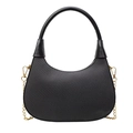 Minimalist hobo handbag with textured fabric, black leather handle and gold chain strap - Black