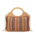 Sac en paille marron avec rayures multicolores et poignée en bambou sur fond blanc - Marron
