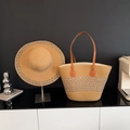 Borsa tote in paglia intrecciata a mano con cappello abbinato e trama a rete decorativa - Cachi a Rete