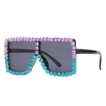 Kids oversized square sunglasses featuring purple and blue rhinestones on black frame - Top Purple Bottom Blue Rhinestones