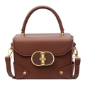 Brown box-style crossbody bag with pebble grain leather texture and gold oval twist lock - Brown