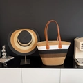 Set grande borsa tote in paglia e cappello da sole a righe colorate per mare - A Righe Nero