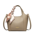 Khaki lychee leather bucket tote bag with decorative printed silk scarf on handle - Khaki