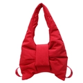 Quilted oversized red bow shoulder bag made of padded nylon fabric for a chic look - Red