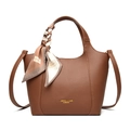 Brown litchi grain tote bag with printed silk scarf handle and golden logo detail - Brown