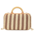 Handmade striped straw handbag with round wooden handles and gold chain for beach vacation - Khaki