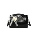 Elegant black glossy leather handbag with woven handle, pearl heart, and lace bow details - Black