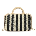 Handwoven black and white striped straw handbag with round wooden handles and gold chain - Black