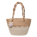 Bolso tote tejido bicolor caqui y blanco con adorno de flor violeta para vacaciones - Caqui