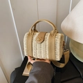 Beige woven bucket bag with brown leather strap and gold clasp closure for summer - Khaki