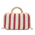 Handwoven straw tote featuring red and white vertical stripes and round wooden handles - Red