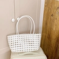 White woven hollow tote bag with square grid design for versatile summer shoulder carry - White