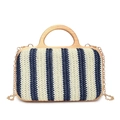 Blue and white striped woven straw handbag with vintage wooden handles and chain - Blue