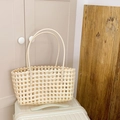 Beige handcrafted hollow woven tote bag with square pattern and top handles - Off White