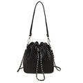Minimalist black pleated bucket bag with silver chain detail and drawstring closure - Black