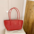 Handwoven vibrant red hollowed-out tote bag featuring slim top handles for summer style - Red