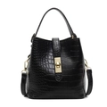 Modische schwarze Eimertasche mit Krokodilmuster, goldenen Beschlägen und Griff - Schwarz