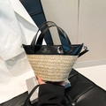 Sac seau en paille et cuir noir avec bandoulière pour la mode du printemps - Noir