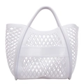 White woven hollow jelly tote bag with geometric diamond mesh and round handles - Off White