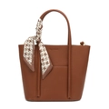 Braune Shopper-Tasche aus Litschileder mit Hahnentritt-Schal am Griff und Fronttasche - Braun
