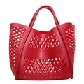 Vibrant red hollow-out tote bag featuring a diamond mesh pattern and double handles - Burgundy