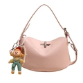 Pink saddle shoulder bag with silver clasp, pearl chain, and cute doll pendant detail - Pink (No Charm)