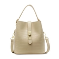 Beige crocodile embossed bucket bag with gold twist lock and adjustable shoulder strap - Yellow
