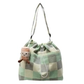Grün-weiß karierte Canvas-Tasche mit Kordelzug und niedlichem Kaffeetassen-Plüschanhänger - Ohne Anhänger / Grün