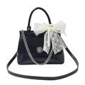 Minimalist black PU leather handbag with elegant white lace bow and silver chain strap - Black
