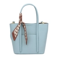 Light blue lychee texture tote bag with brown houndstooth scarf on the handle - Blue