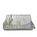 Silver-grey snake skin textured crossbody bag with gold chain strap and rotary lock - Silver