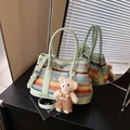 Colorful striped woven bag with light green leather trim and a cute plush bear charm - Green with Charm