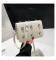 Chic beige quilted small square bag with large silver rivets and adjustable strap - White