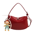 Glossy red half-moon handbag with cartoon doll charm and faux pearl chain - Red (No Pendant)