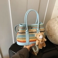 Colorful striped straw tote bag with blue leather straps and cute bear pendant charm - Blue with Pendant