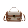 Borsa a tracolla vintage bicolore in tela beige e pelle marrone con fibbia metallica oro - Marrone