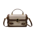 Elegante borsa in tessuto beige e pelle marrone scuro con chiusura girevole in metallo - Marrone