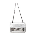 Silver quilted hobo bag with V-shaped chevron pattern and metallic chain shoulder strap - Silver