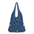 Dunkelblaue handgestrickte Hobo-Tasche mit bunten 3D-Häkelblumen-Dekorationen - Blau