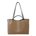 Minimalist camel leather tote bag with black round handle and long shoulder straps - Basic Style / Khaki