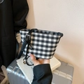 Checkered mini bucket bag with black leather strap and silver buckle for casual wear - Black