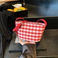 Retro red and white plaid canvas tote bag with adjustable red leather shoulder strap - Red