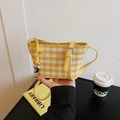Yellow gingham canvas shoulder bag with heart pendant and adjustable strap for summer - Yellow