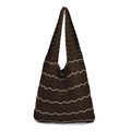Brown knit shoulder bag with cream wavy stripes and casual bohemian crochet texture - Coffee